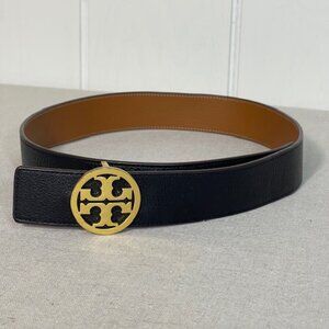 Tory Burch Miller Black Brown Reversible Pebbled Leather Gold Logo Belt Small
